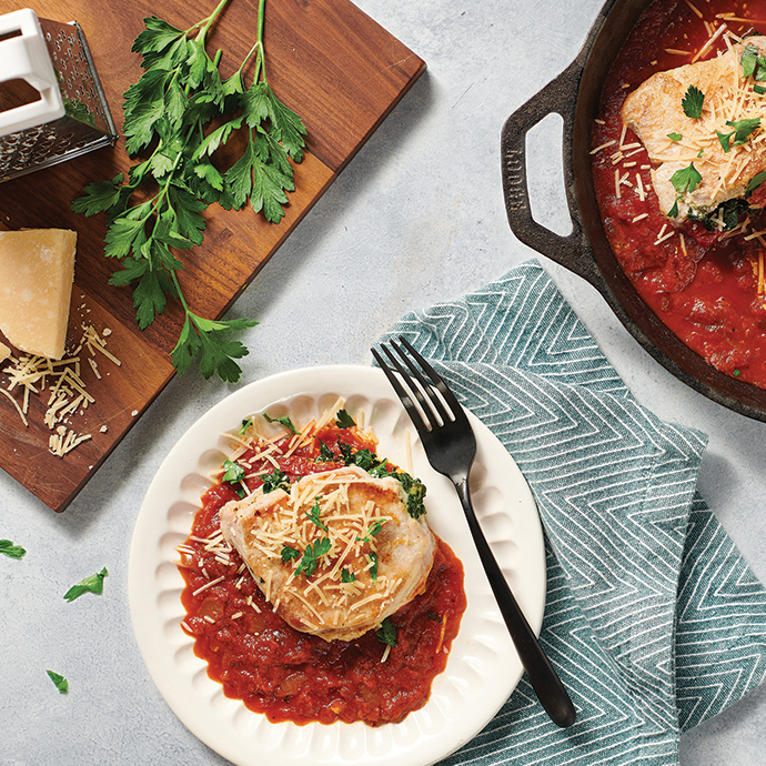 Skillet-Braised Stuffed Pork Chops